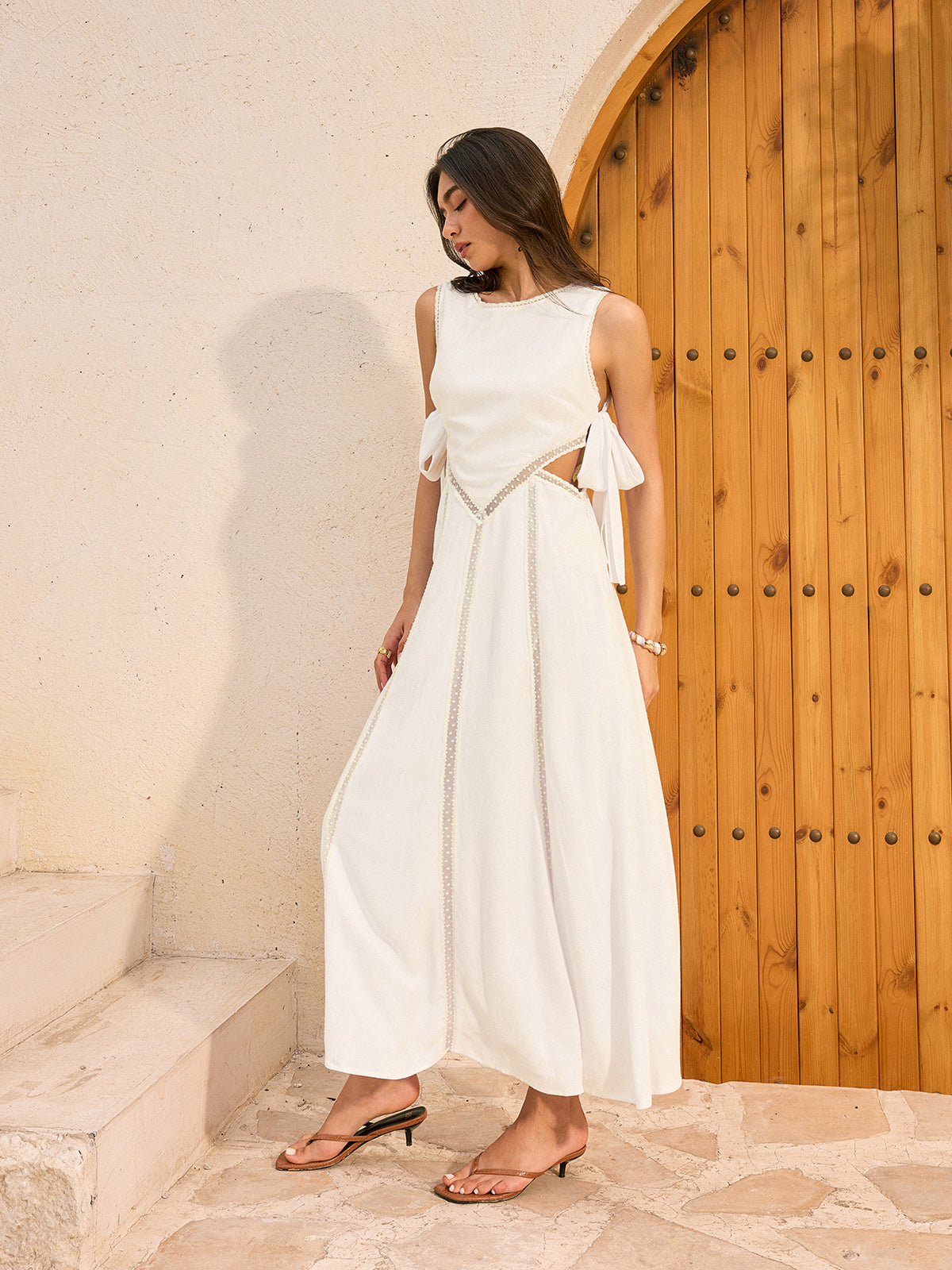 Linen & Cotton Cut-Out Tie-Back Maxi Dress