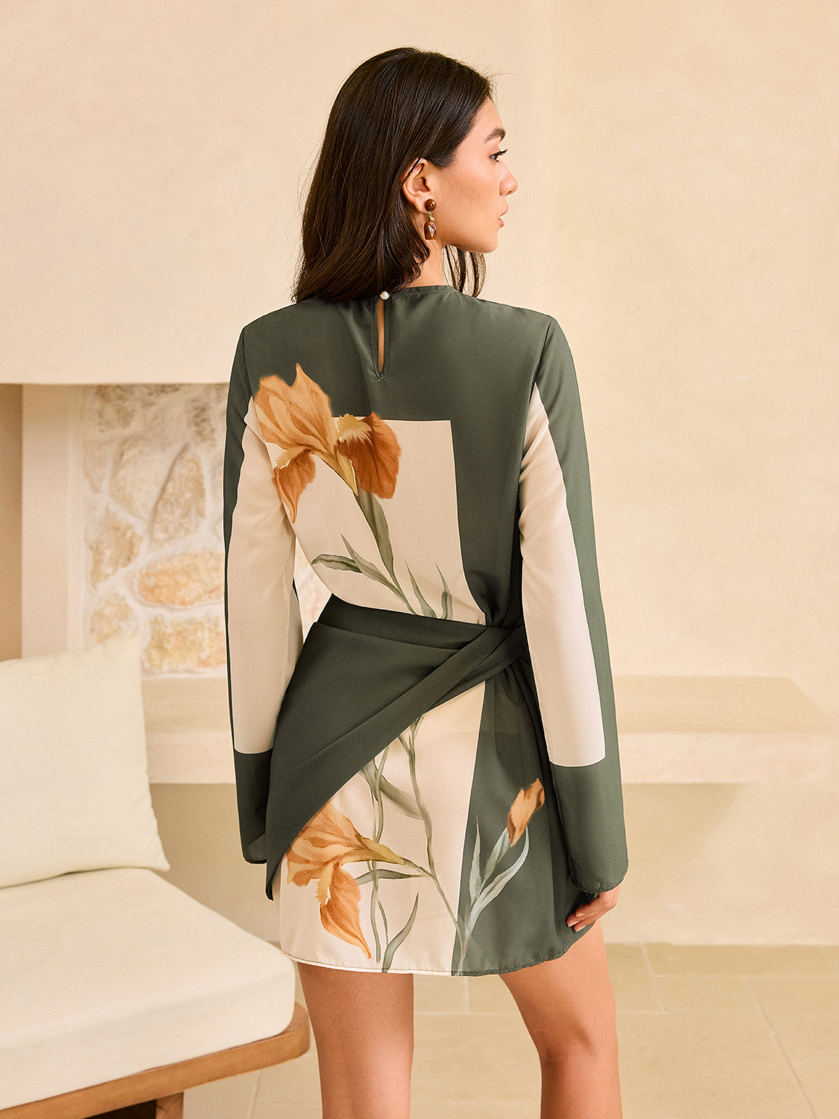Robe portefeuille à manches longues imprimée à fleurs 