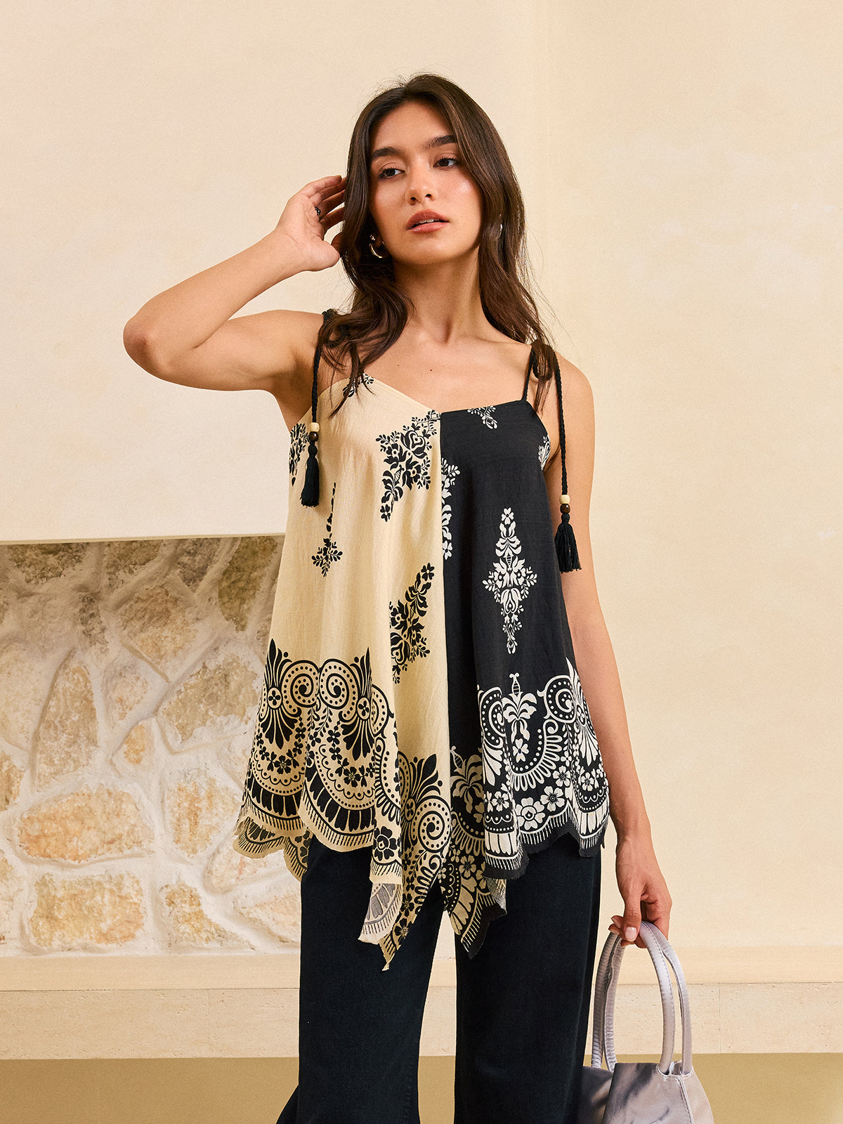 Bohe Print Tassel Tie-Back Tank Top