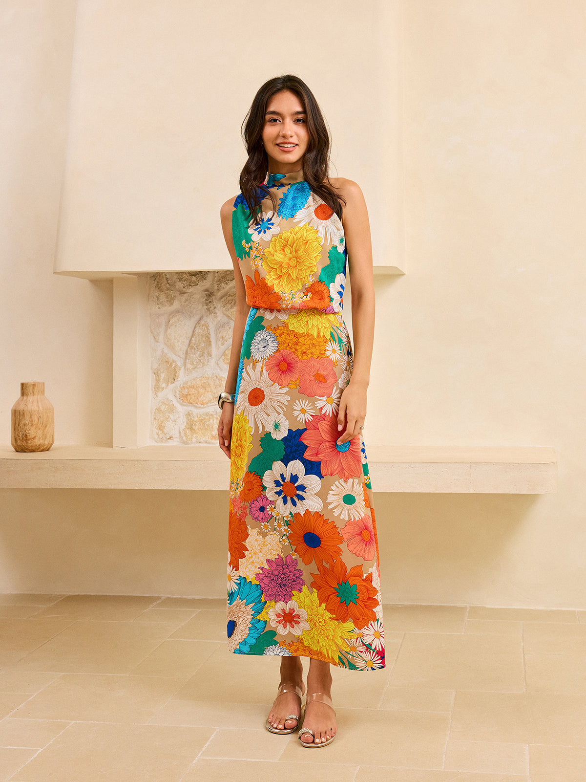 Robe longue à imprimé floral avec dos noué