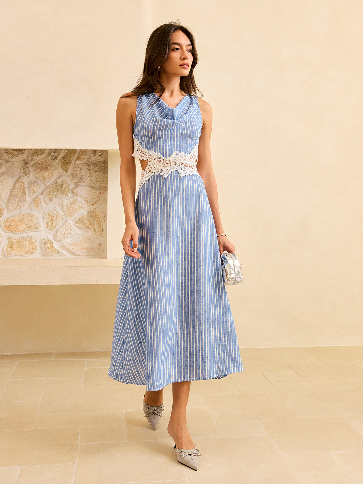 Striped Backless Dress with Lace Detail