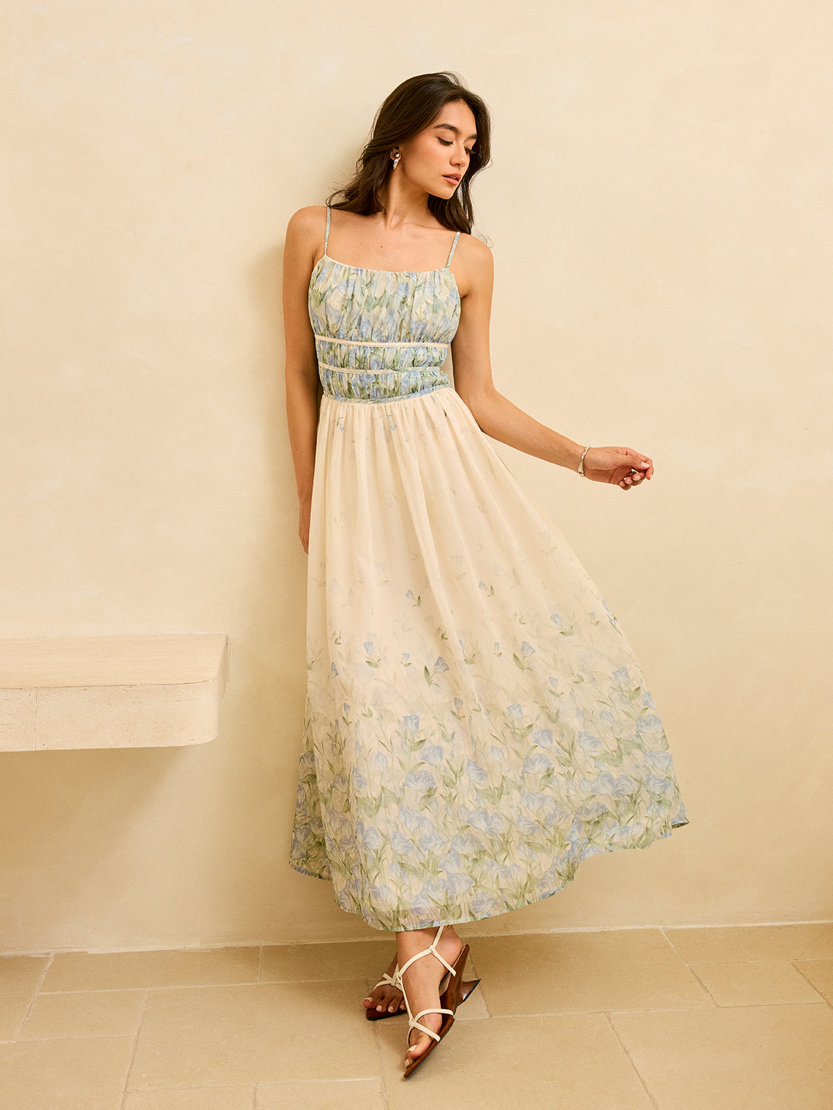 Semi-Sheer Floral Print Pleat Waist Tiered Maxi Dress
