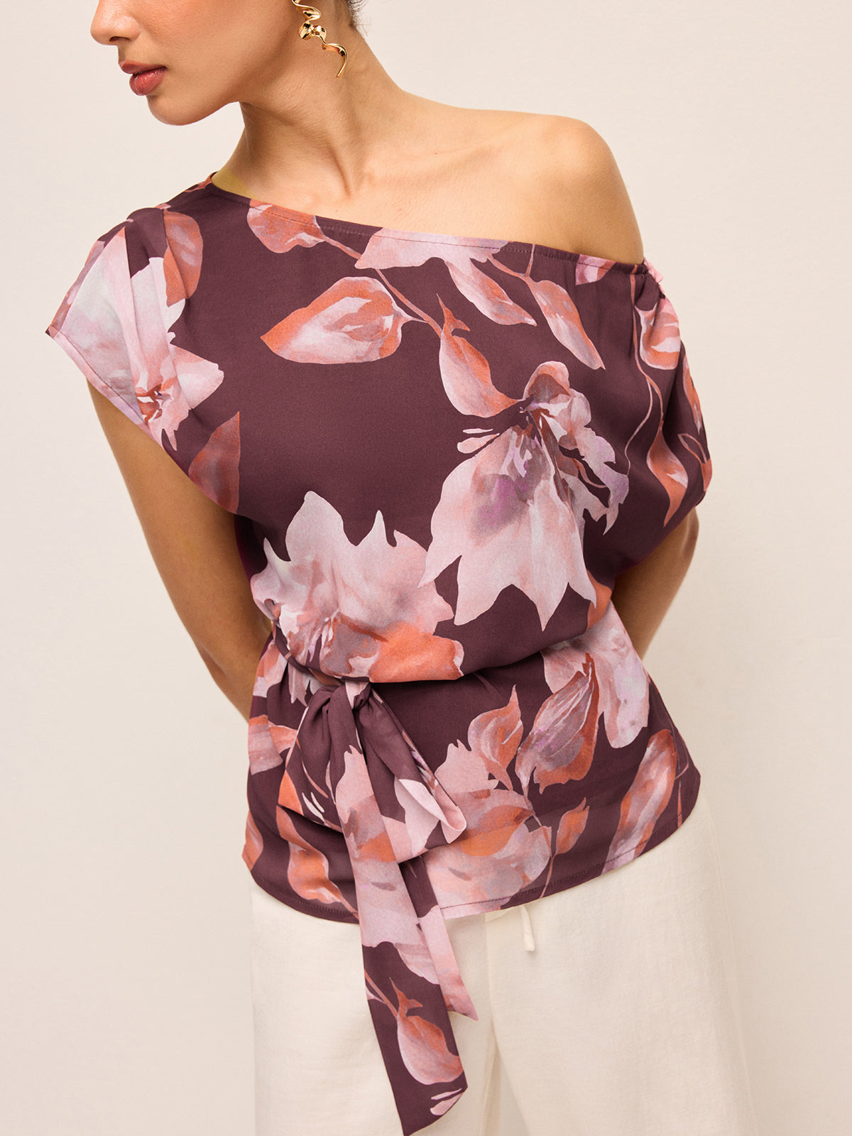 One-Shoulder Floral Belted Blouse
