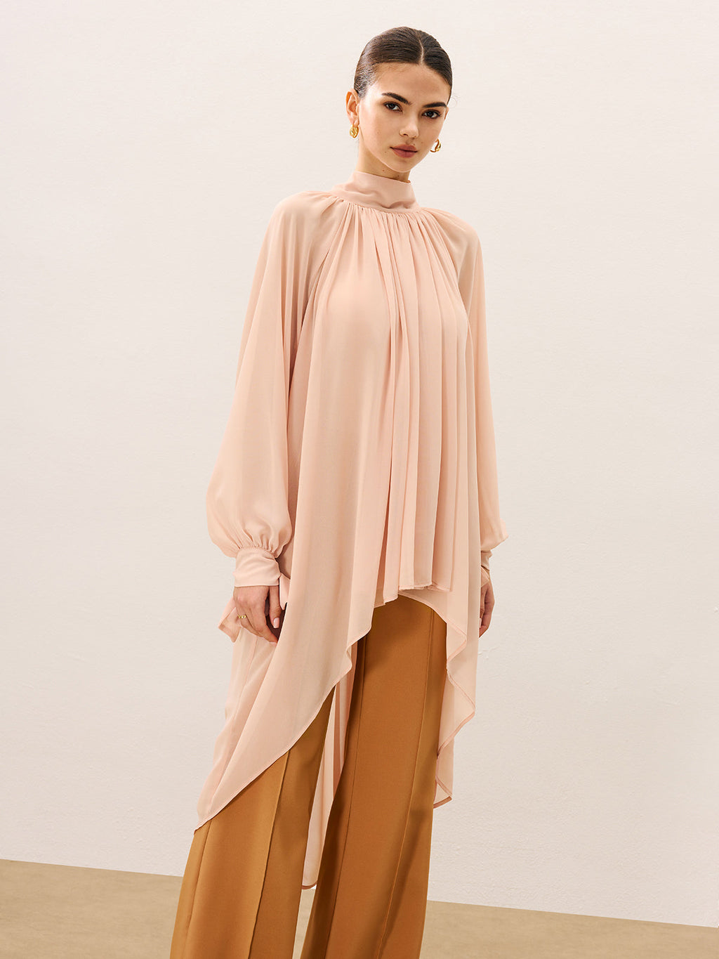 Ruffled Oversized Semi-Sheer Chiffon Blouse