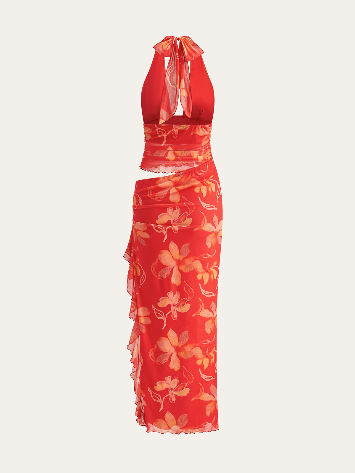 Halbtransparenter Neckholder-Kleid mit Blumenmuster und Rüschen