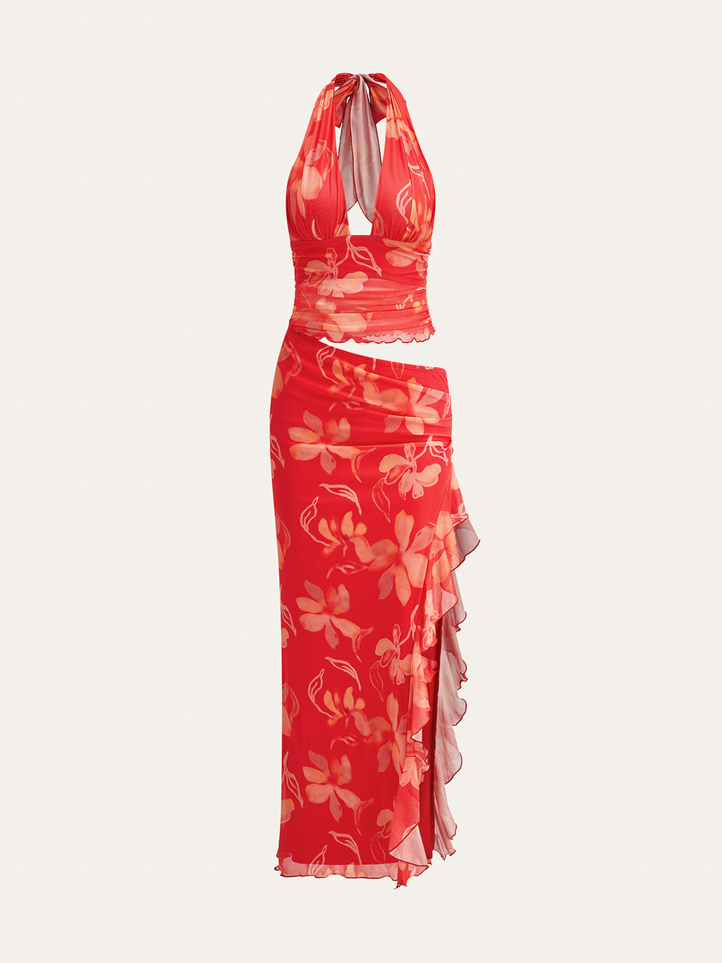Halbtransparenter Neckholder-Kleid mit Blumenmuster und Rüschen