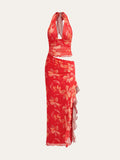 Halbtransparenter Neckholder-Kleid mit Blumenmuster und Rüschen