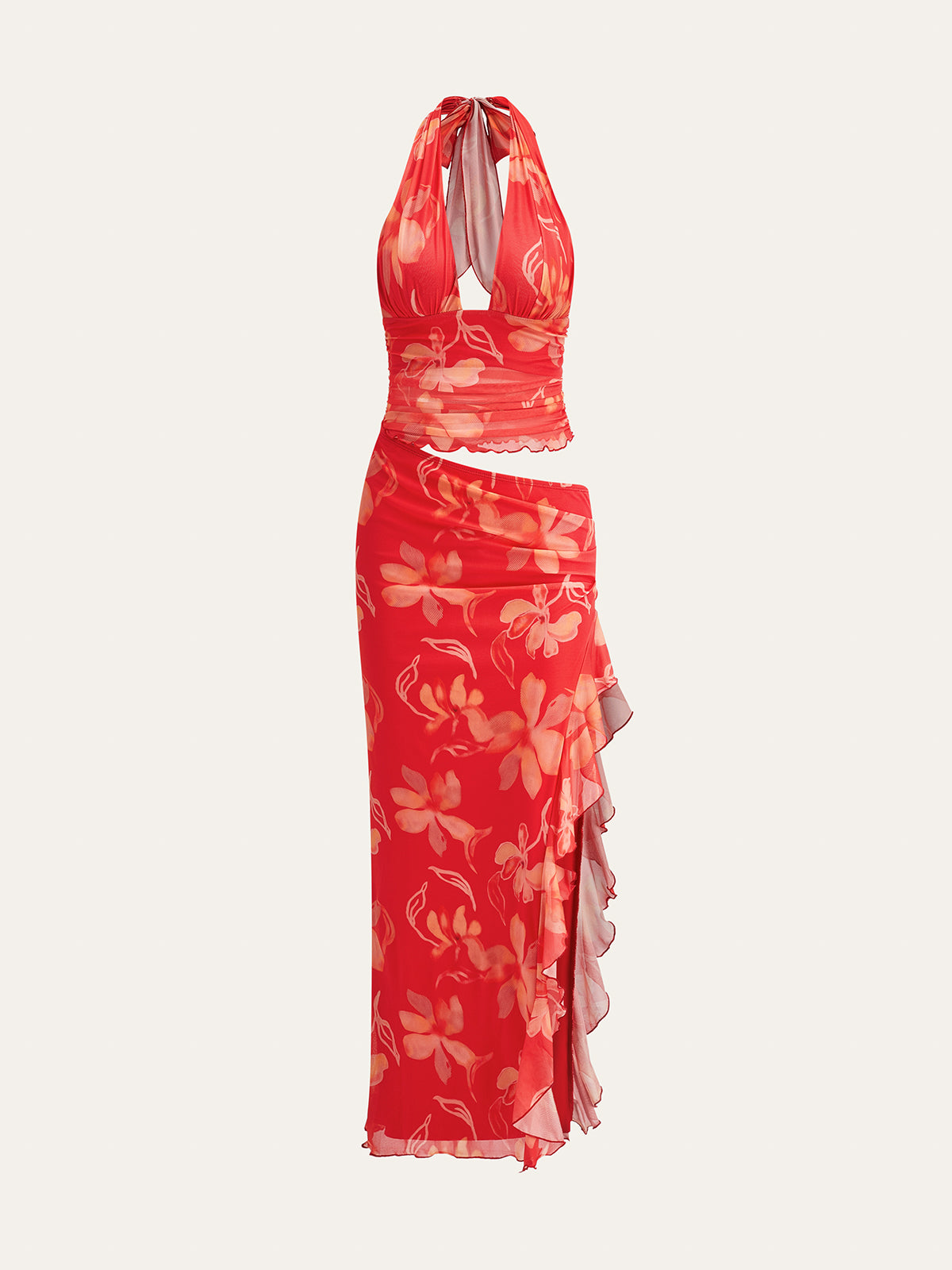 Halbtransparenter Neckholder-Kleid mit Blumenmuster und Rüschen