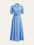 Robe rayée ceinturée à manches bouffantes