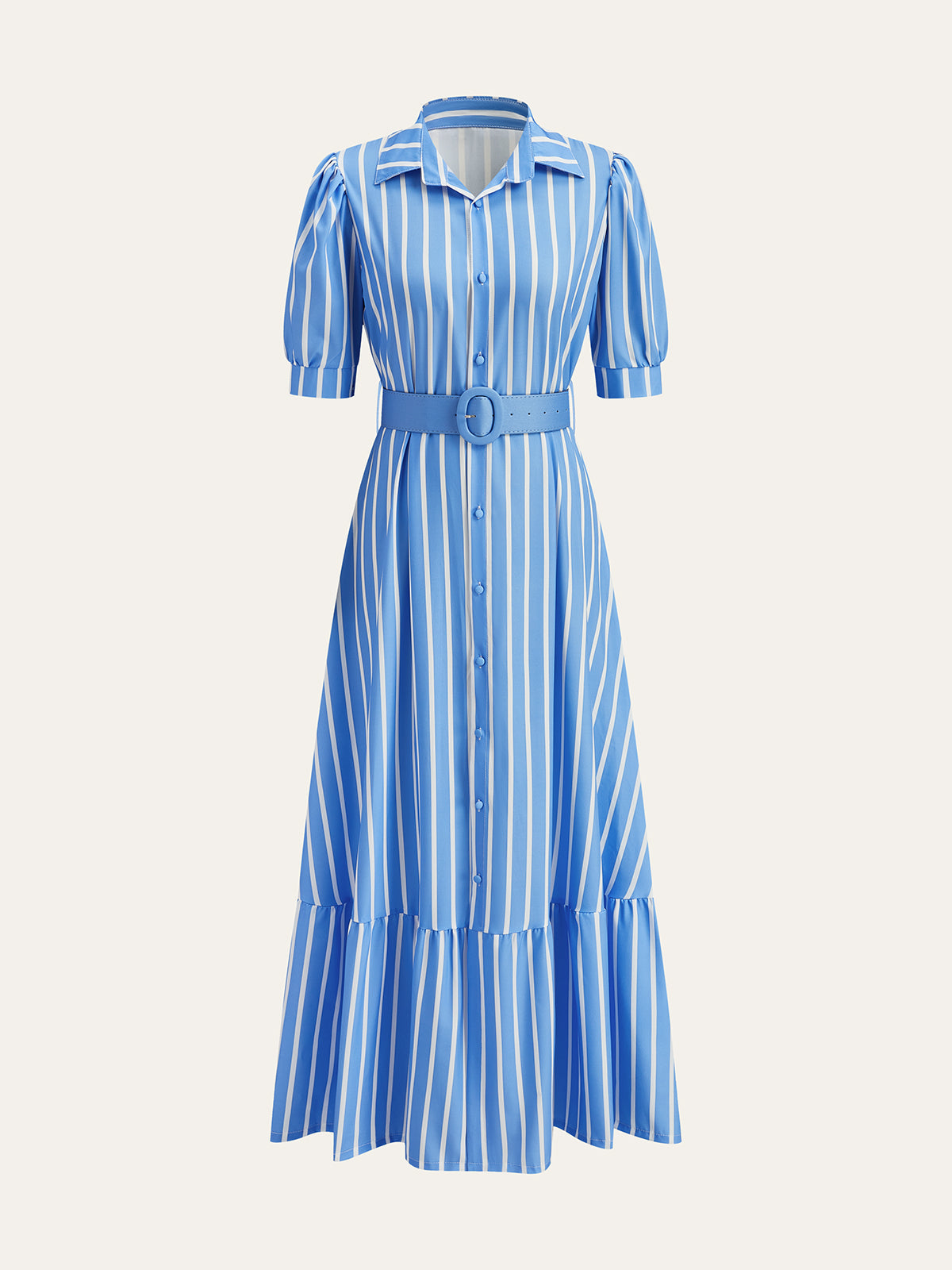 Robe rayée ceinturée à manches bouffantes