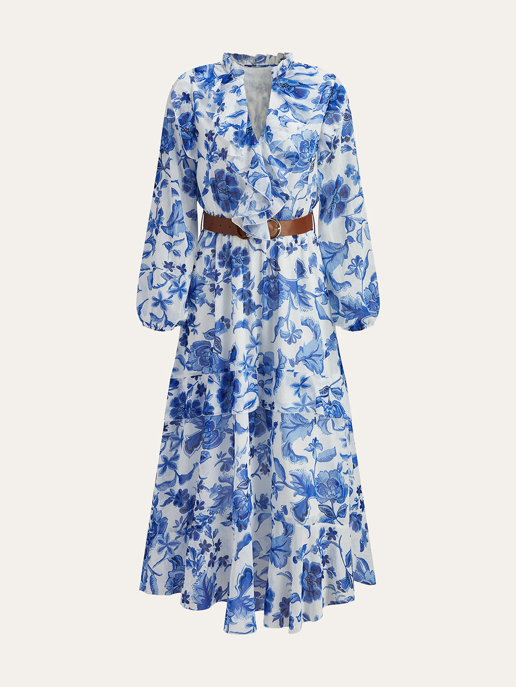 Maxikleid mit Gürtel, Rüschen und Blumenmuster
