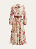 Maxikleid mit Blumenmuster, Schleifenkragen und Gürtel