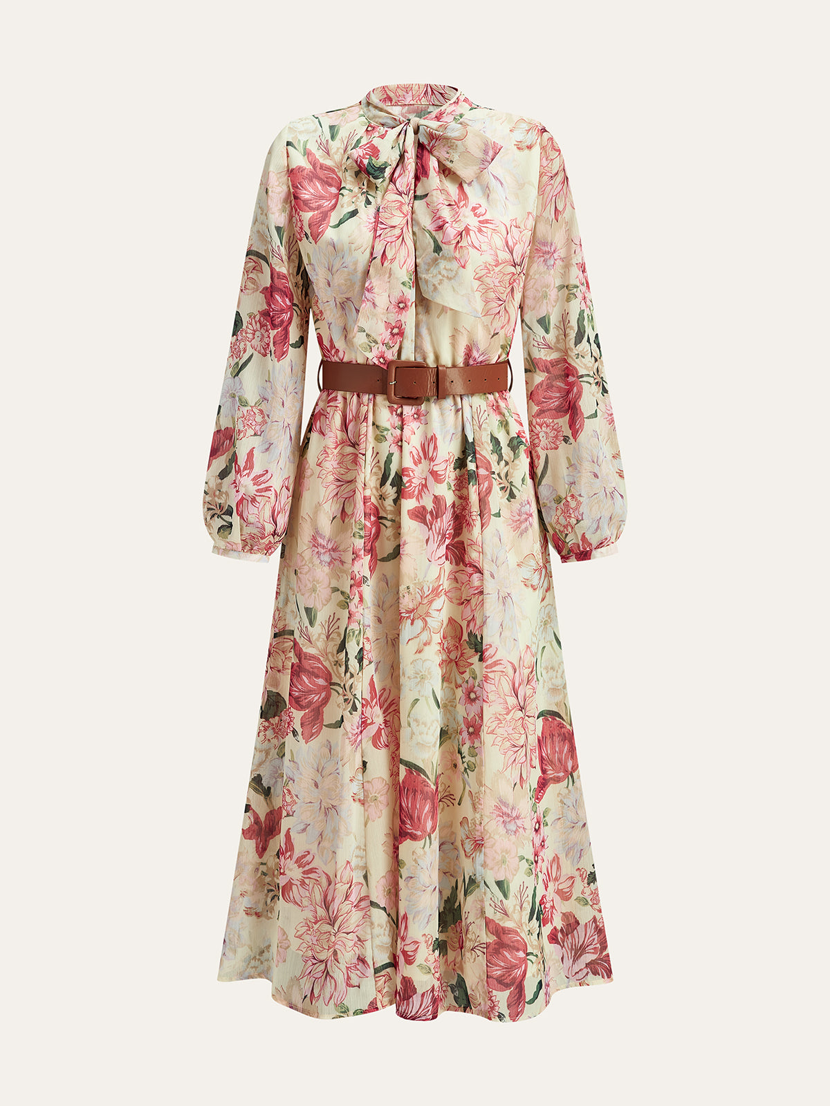 Maxikleid mit Blumenmuster, Schleifenkragen und Gürtel
