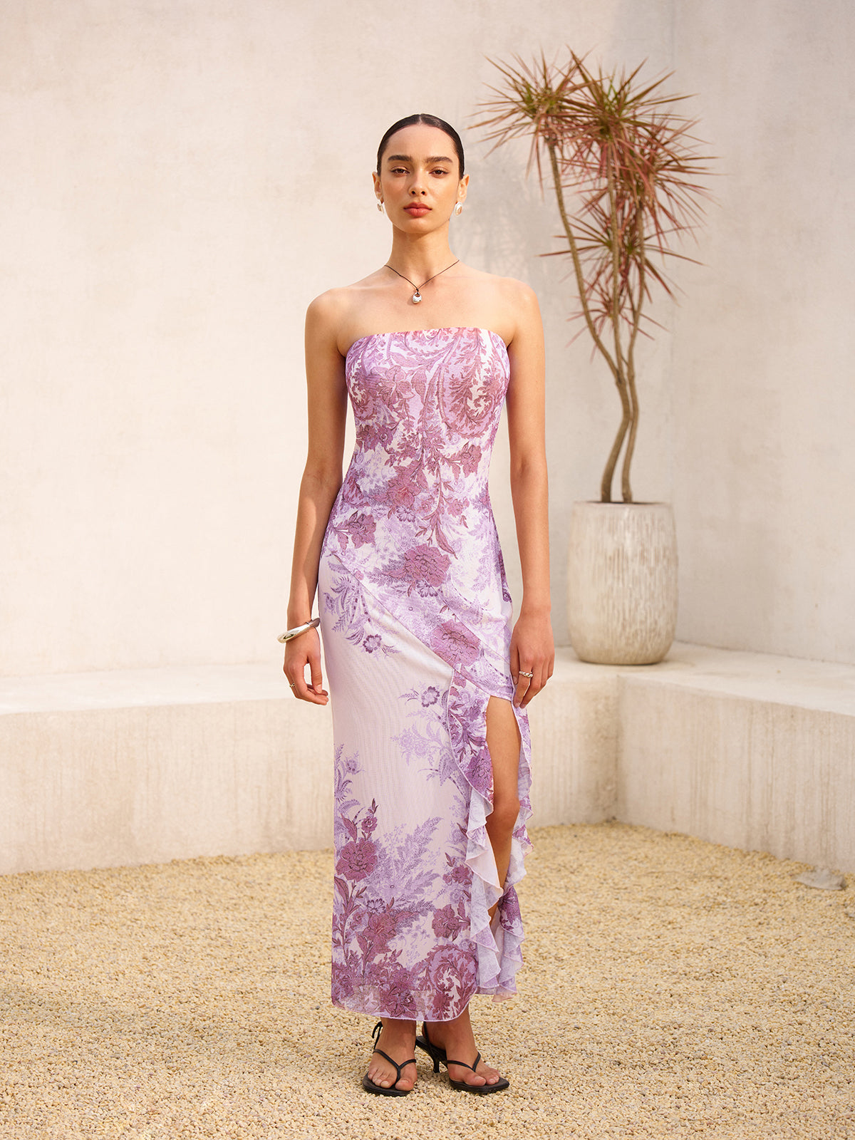 Strapless  Floral Print Split Dress