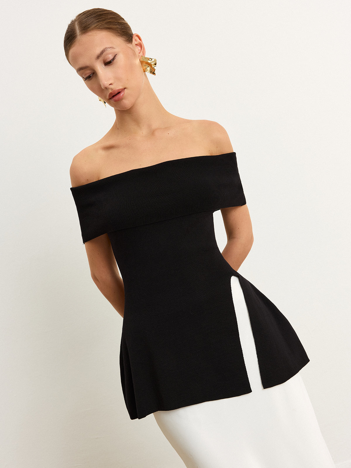 Off-Shoulder Knit Top with Slit