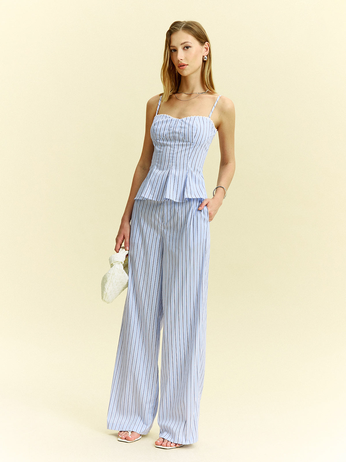 Striped Peplum Top and Wide-Leg Pants Set
