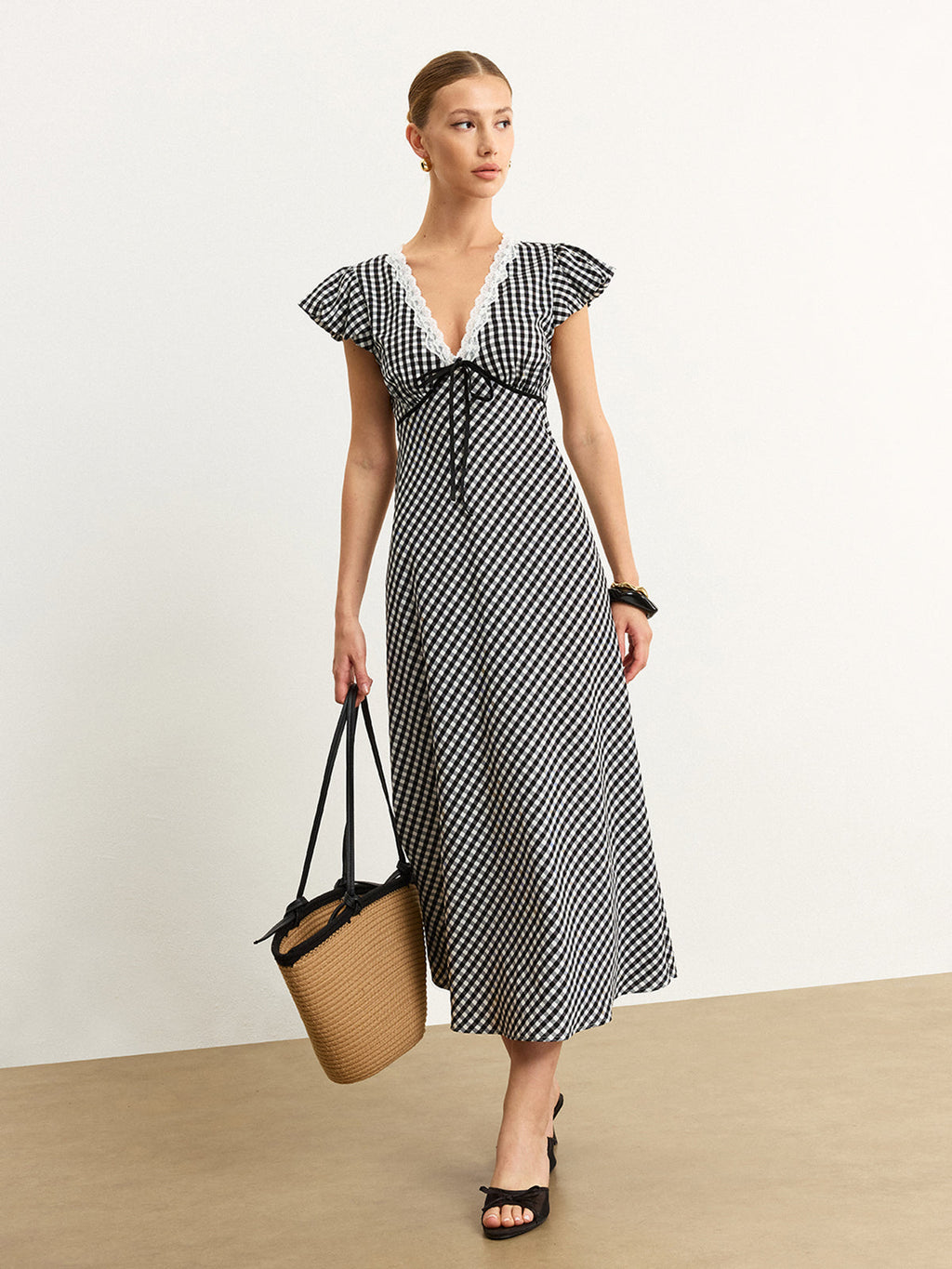 Gingham-Midikleid mit Spitzendetails