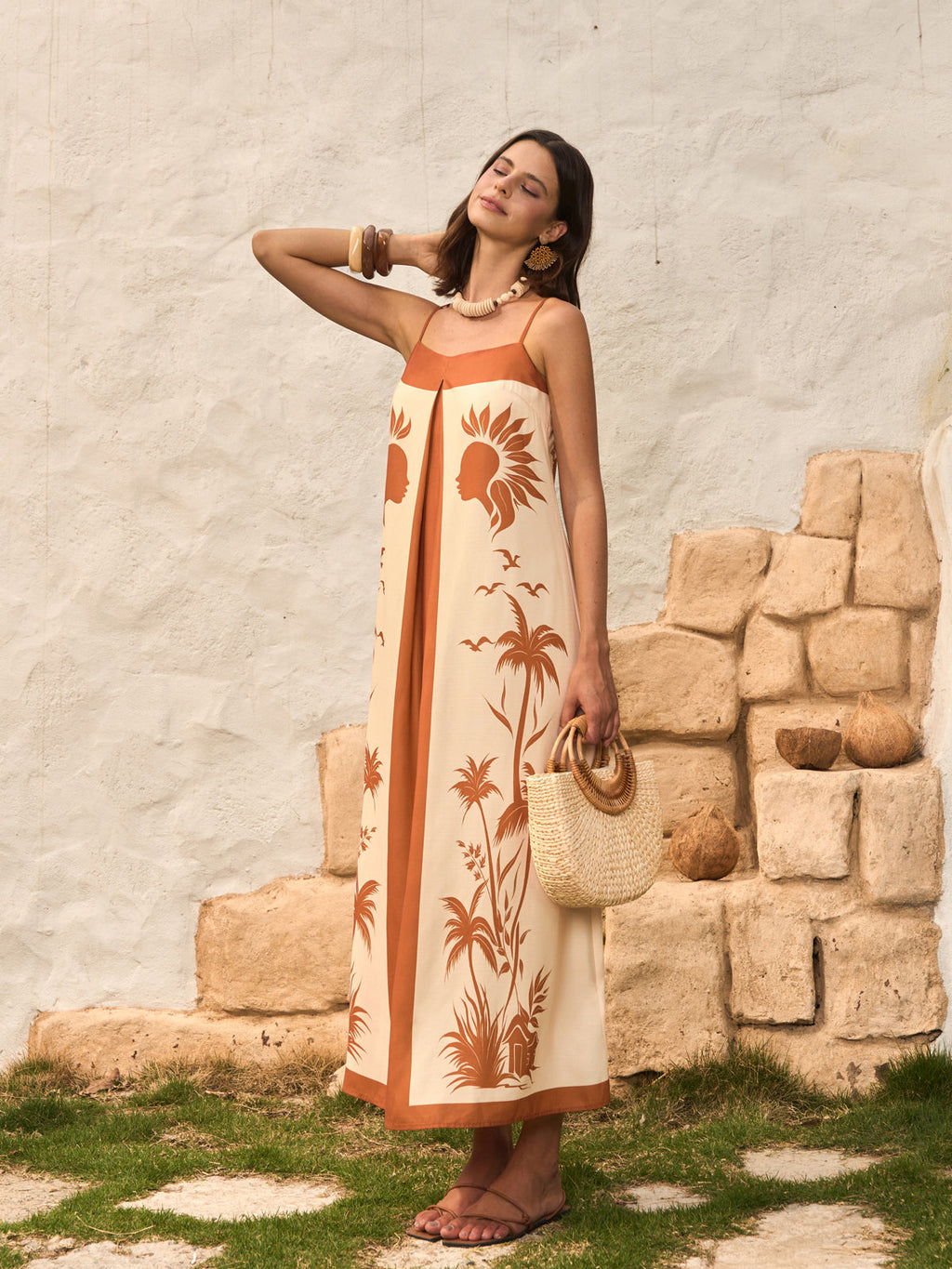 Camisole-Kleid mit Kontrast-Einsatz und Boho-Print