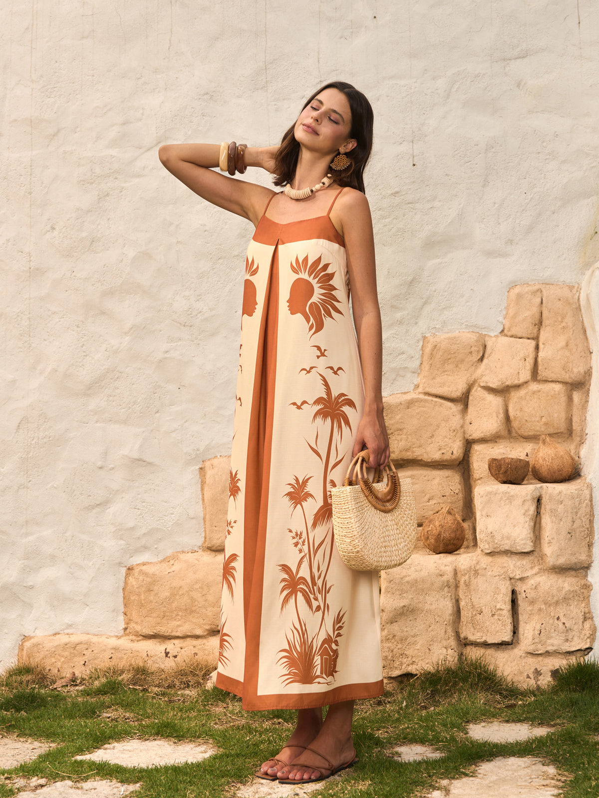 Camisole-Kleid mit Kontrast-Einsatz und Boho-Print