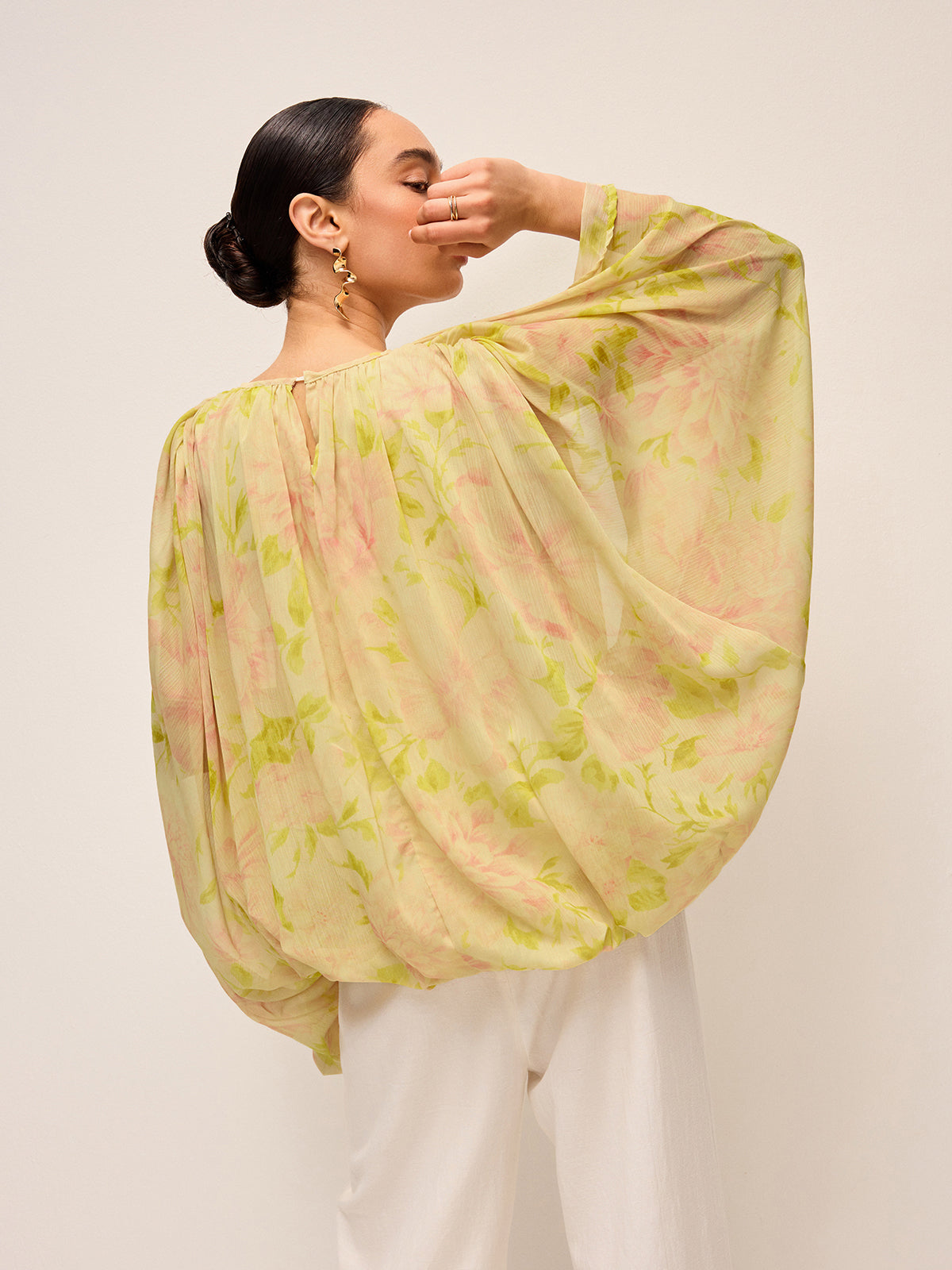 Semi-Sheer Chiffon Floral Drape Sleeve Blouse