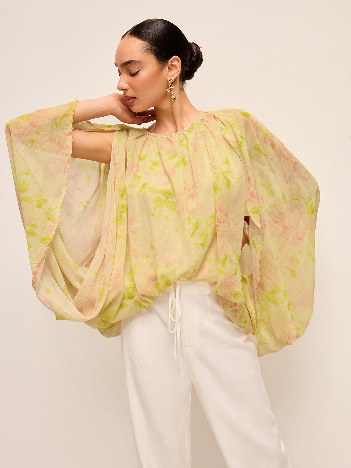 Semi-Sheer Chiffon Floral Drape Sleeve Blouse