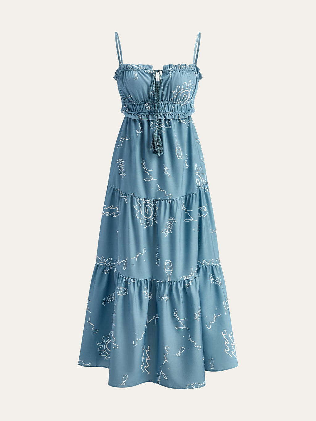 Robe longue à fines bretelles et volants imprimée