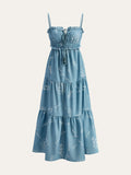 Robe longue à fines bretelles et volants imprimée