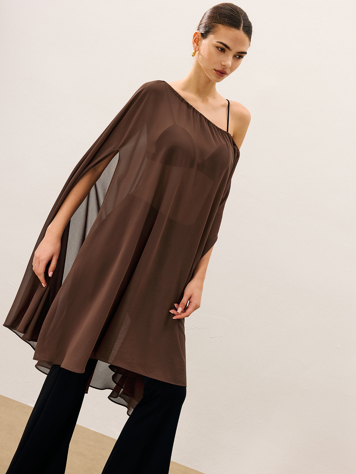 Cape-Style Semi Sheer Chiffon Blouse With Tie Detail