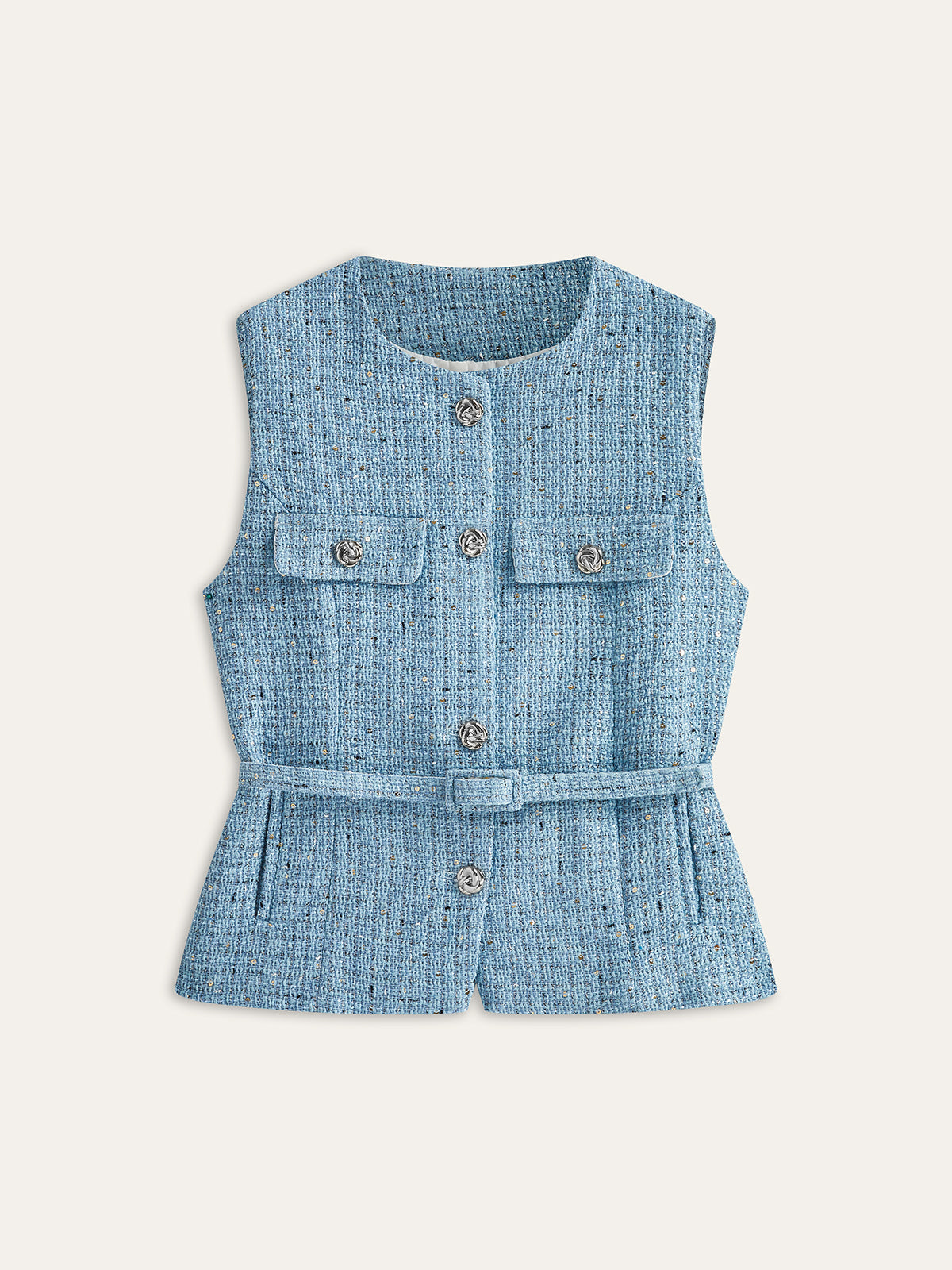 Tweed Sleeveless Belted Vest