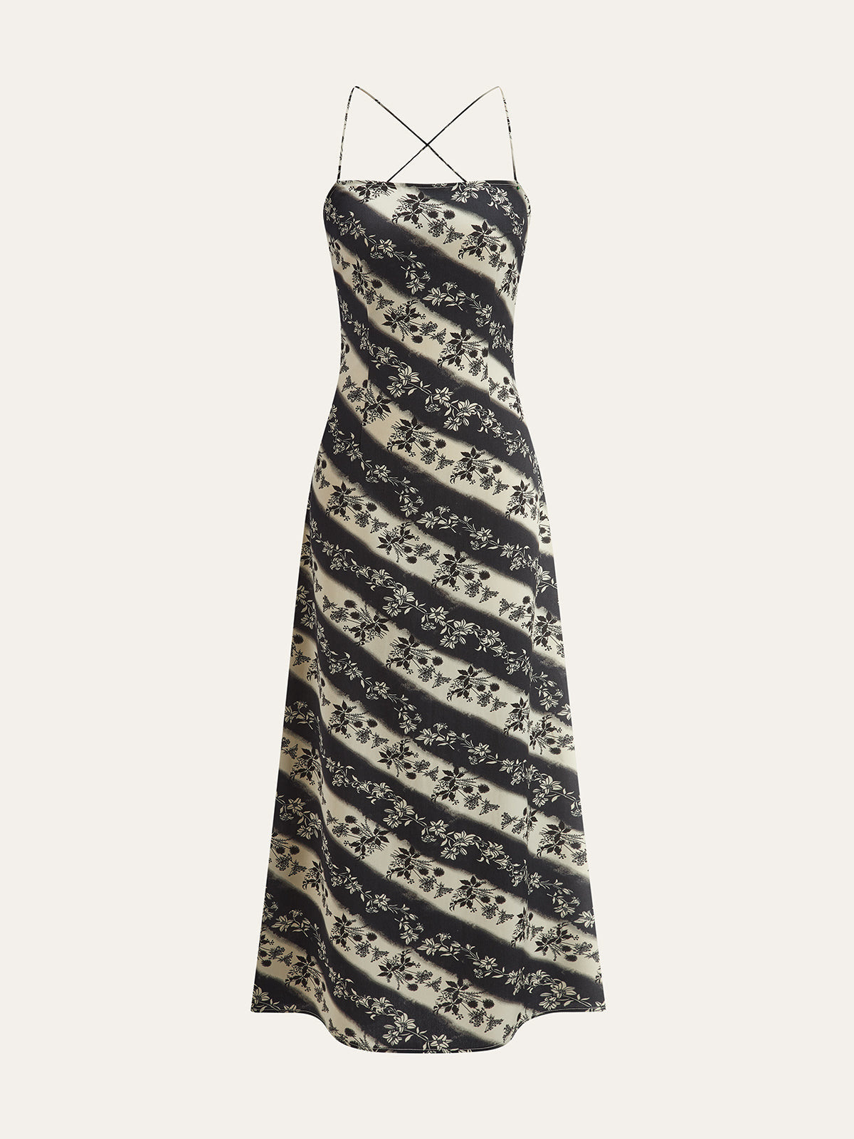 Robe longue croisée au dos à rayures et motifs floraux