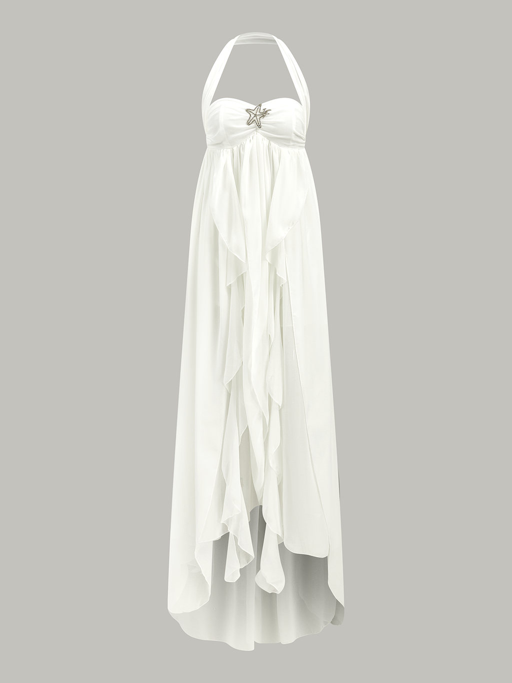 Semi-Sheer Halter Ruffle Backless Maxi Dress