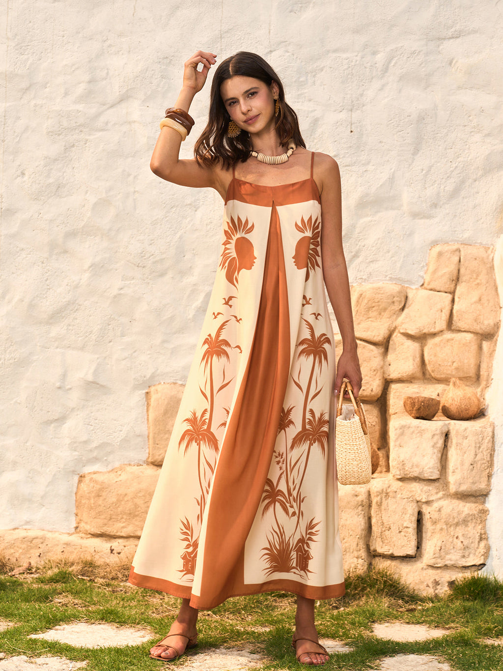 Camisole-Kleid mit Kontrast-Einsatz und Boho-Print