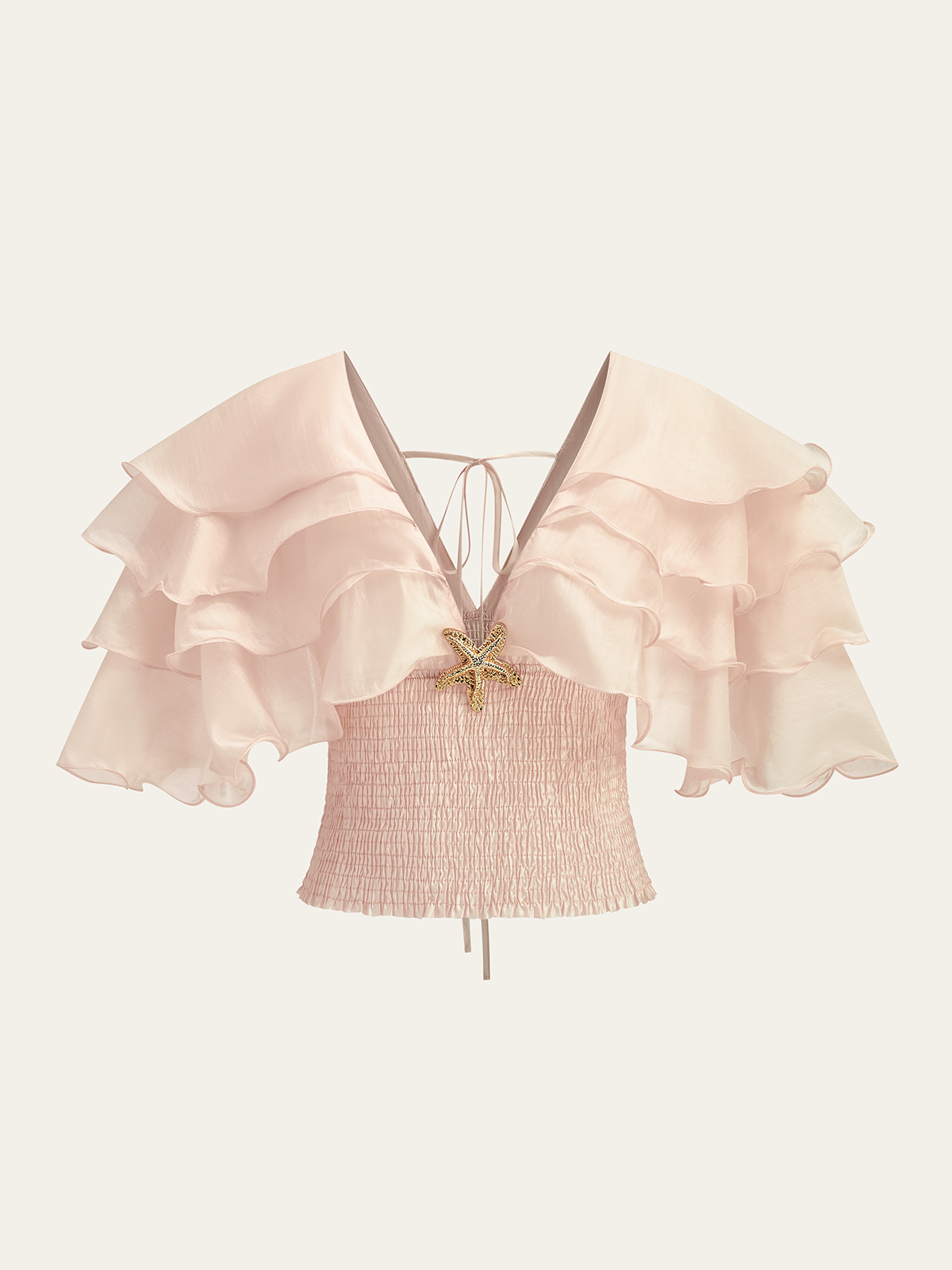 Semi-Sheer Ruffled Metal Decor Waist-Cinching Top