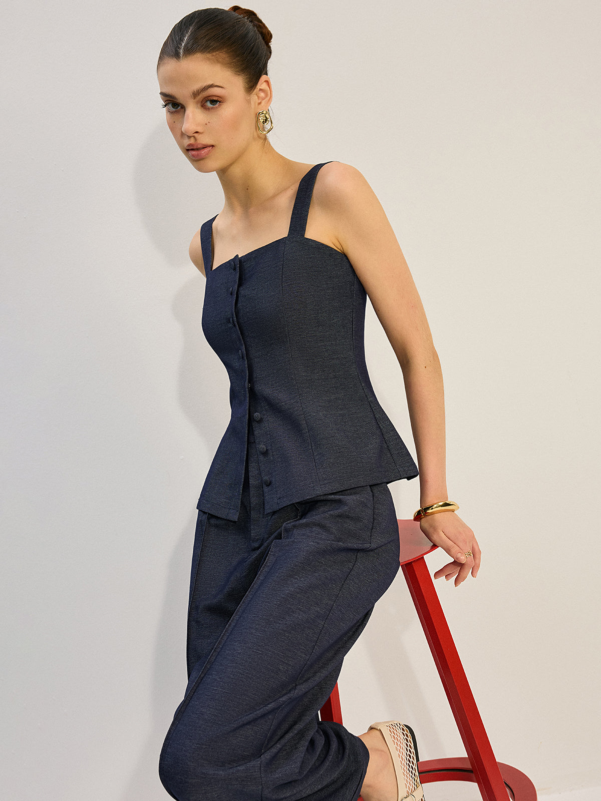 Button-Front Denim Vest Top