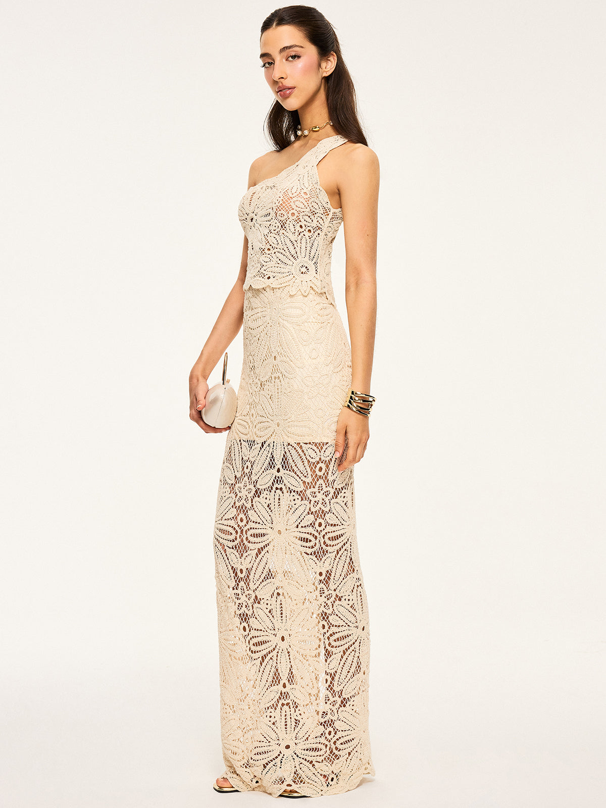 Häkel-Crop-Top mit One-Shoulder-Träger und Maxi-Rock-Set