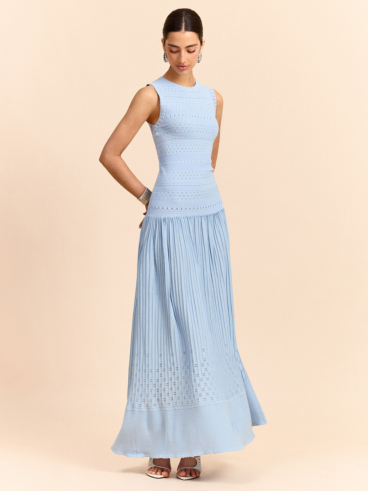 Sleeveless Knit Eyelet Pleated Maxi Dress