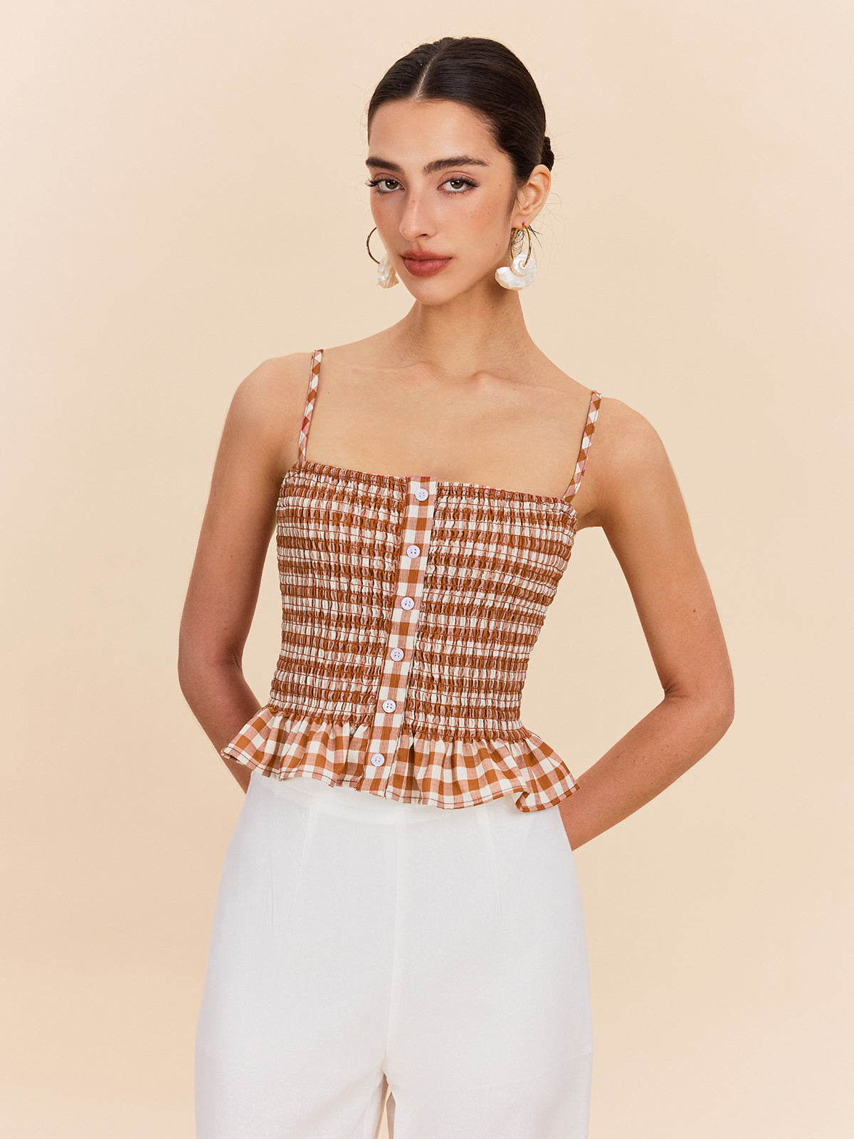 Gingham Smocked Peplum Cami Top