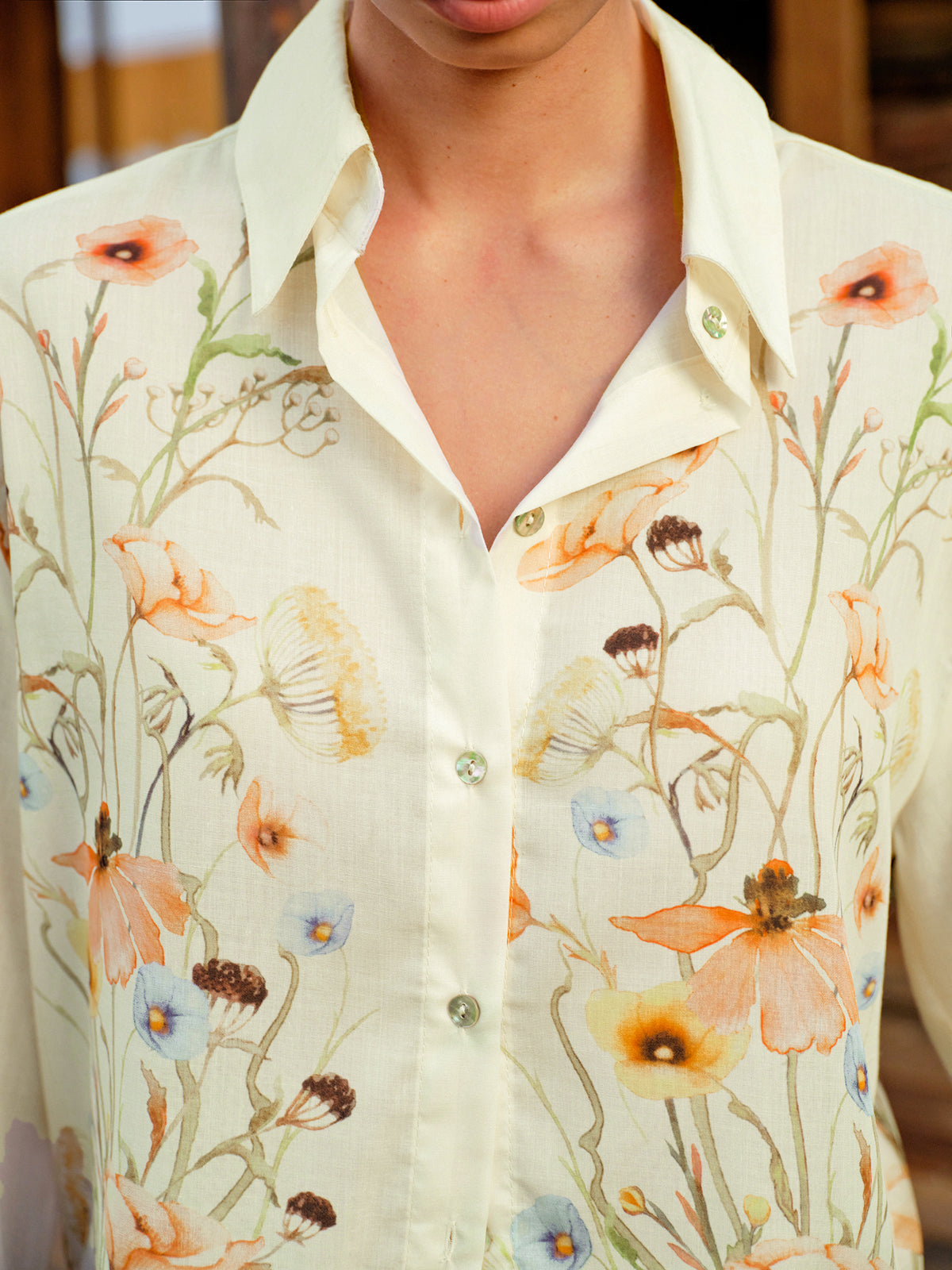 Semi-Sheer Floral Print Button-Up Shirt