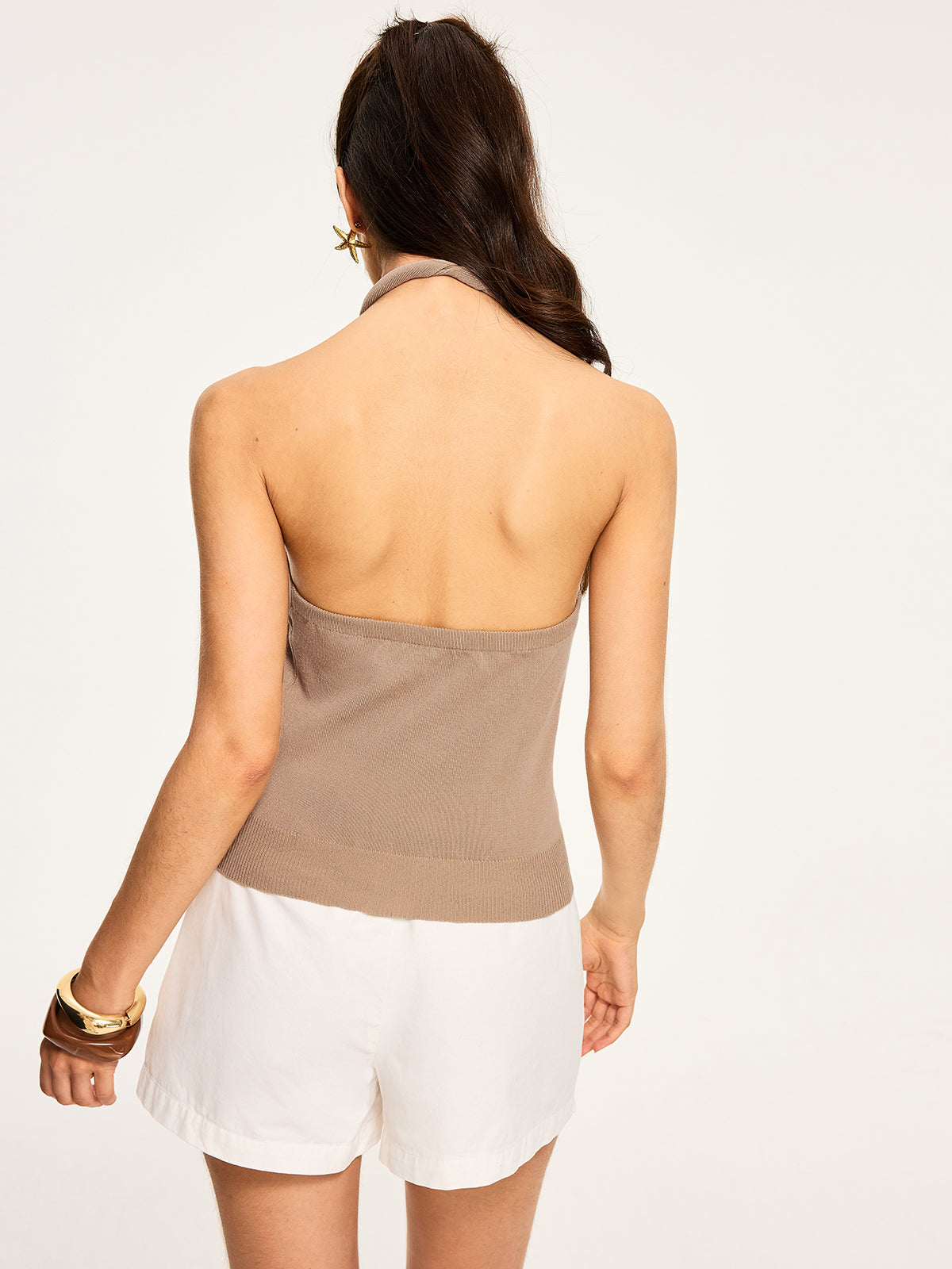 Metal Decor Cross-Strap Halter-Neck Top