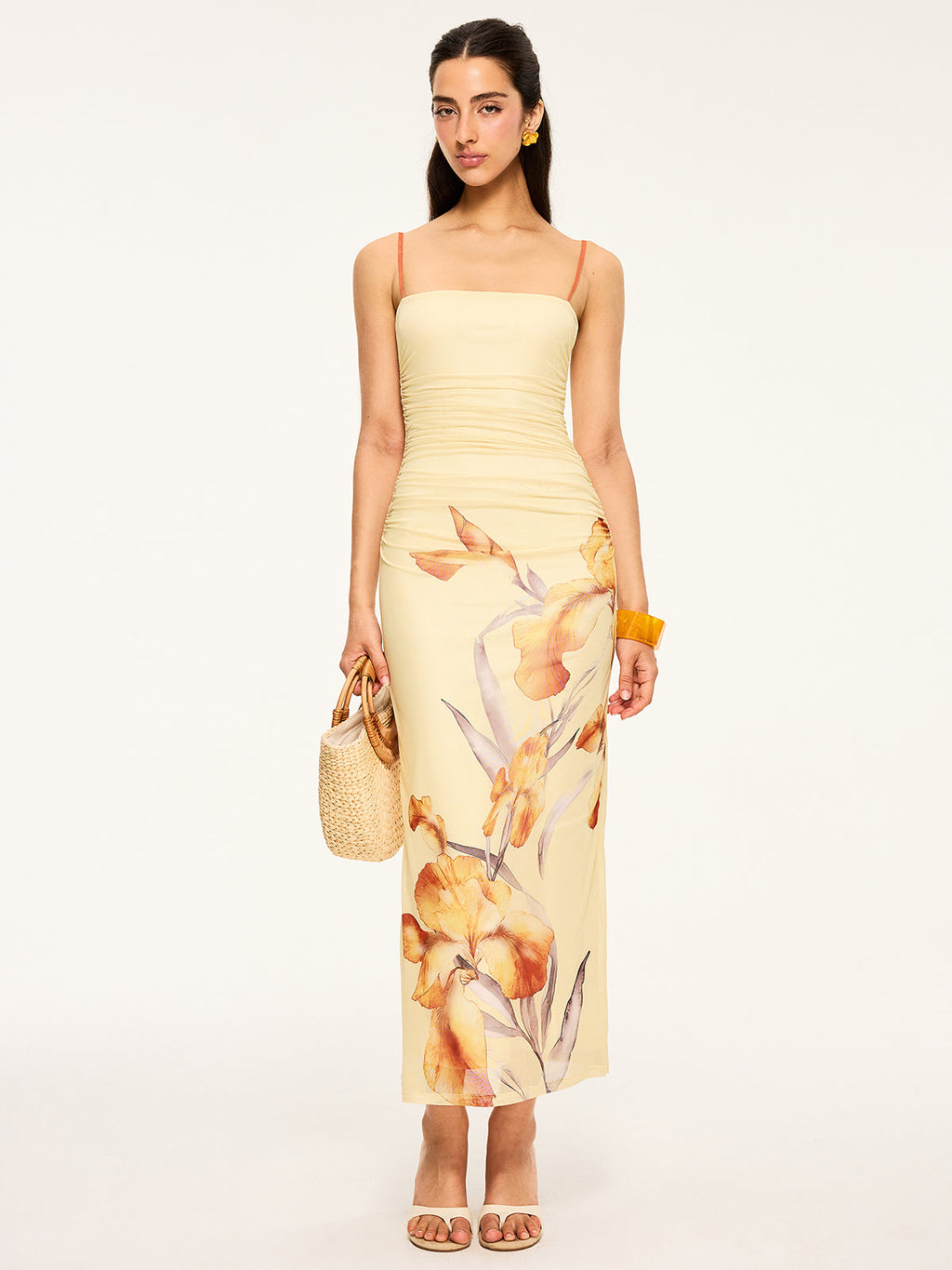 Maxikleid mit Blumenmuster und Raffungen