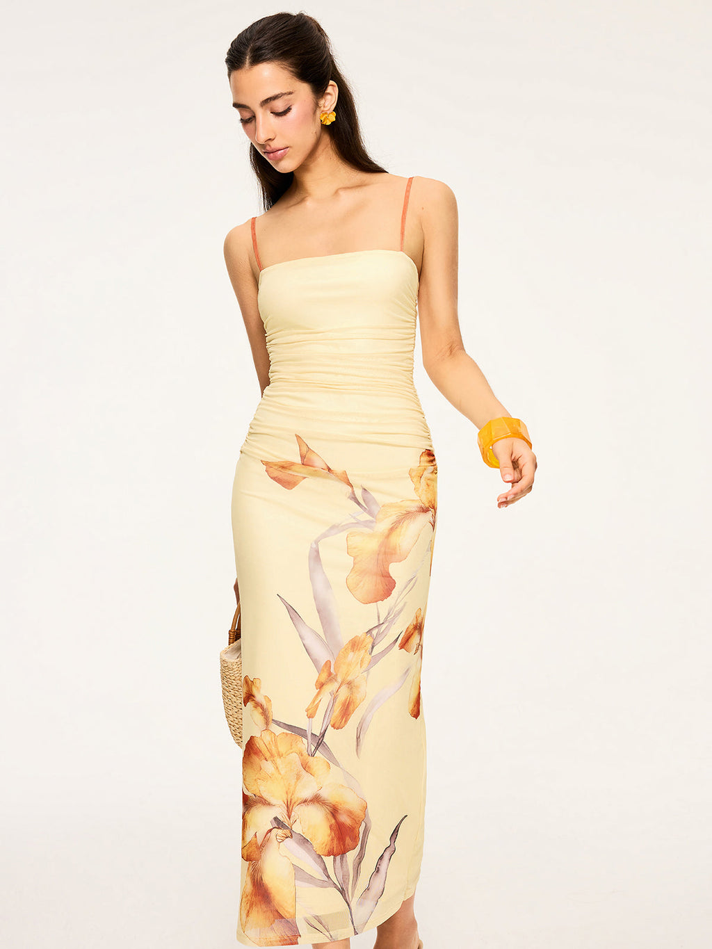 Maxikleid mit Blumenmuster und Raffungen