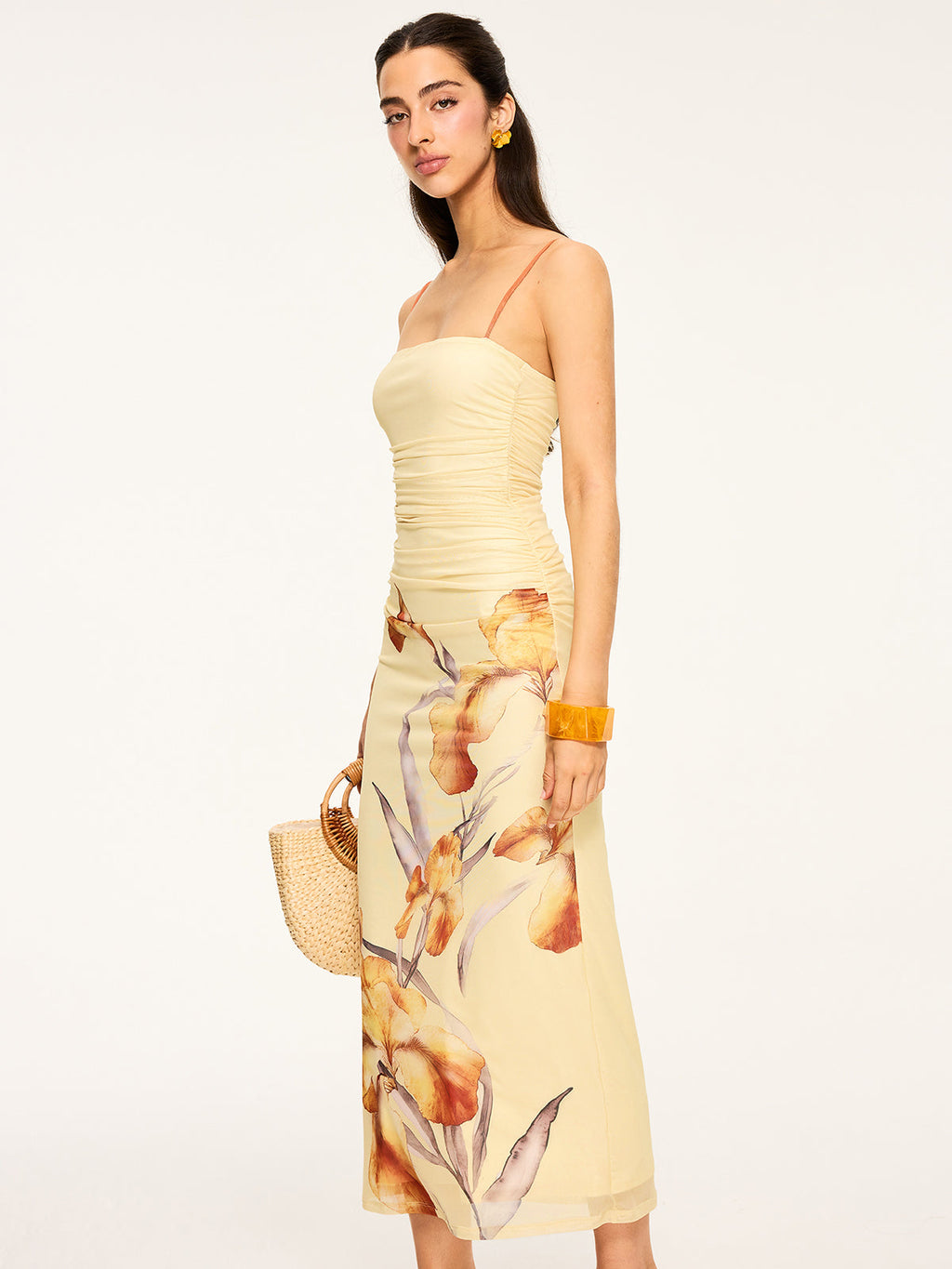 Maxikleid mit Blumenmuster und Raffungen