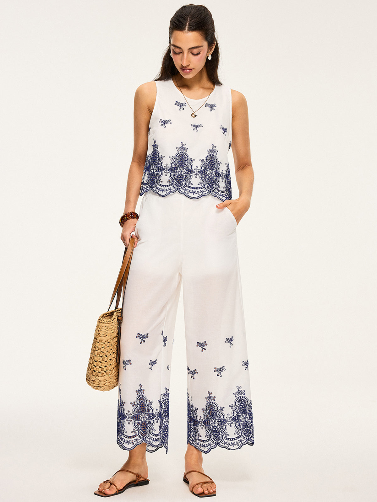 Embroidered Cropped Top and Wide-Leg Pants Set