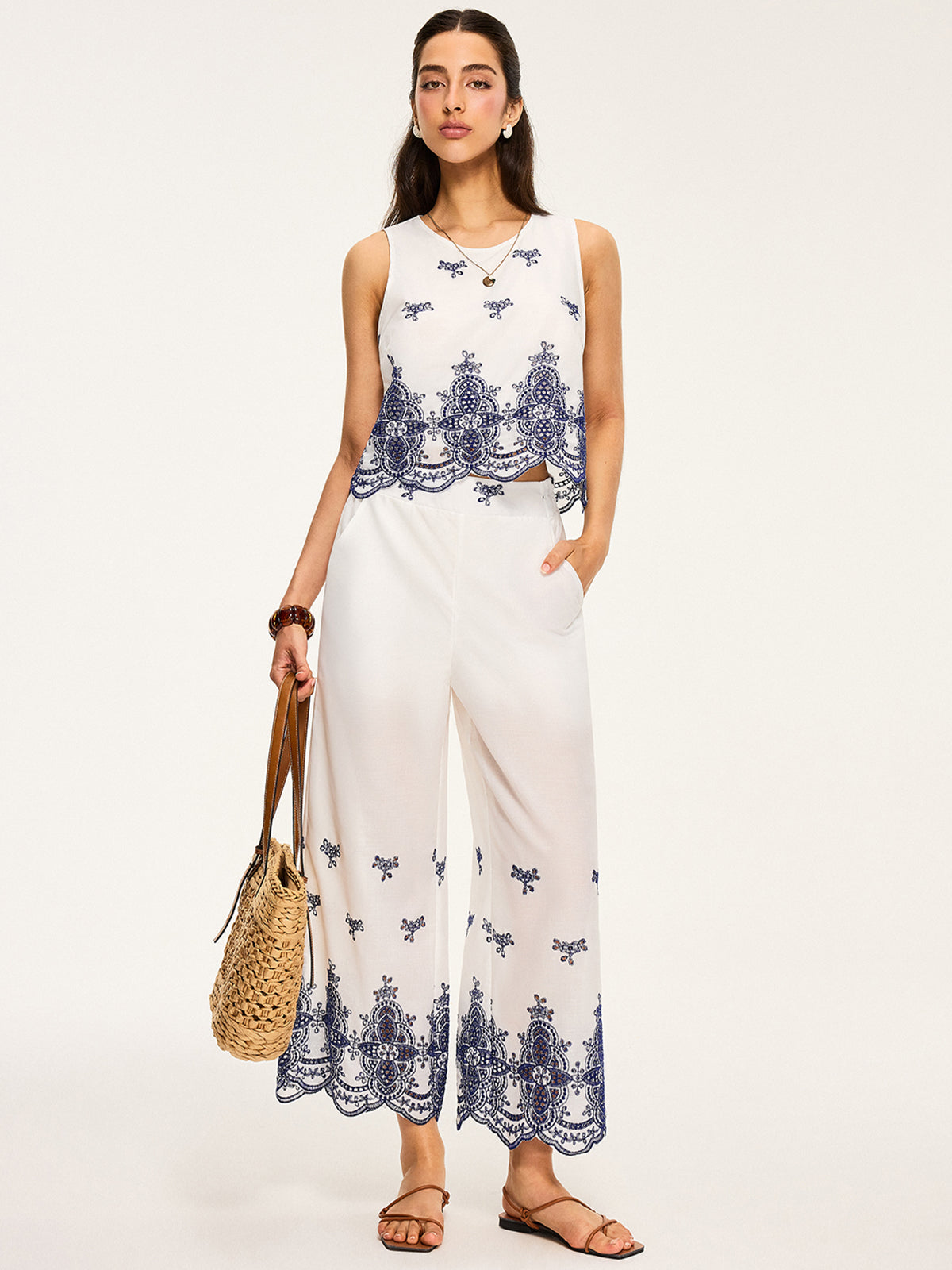 Embroidered Cropped Top and Wide-Leg Pants Set