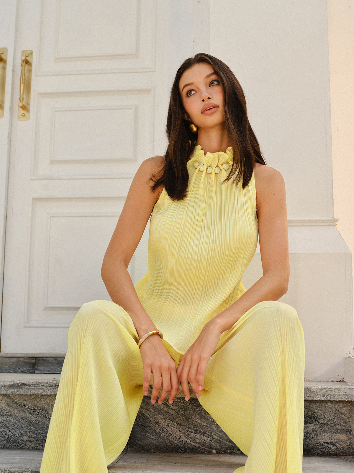 Pleated Top and Wide-Leg Pants Set