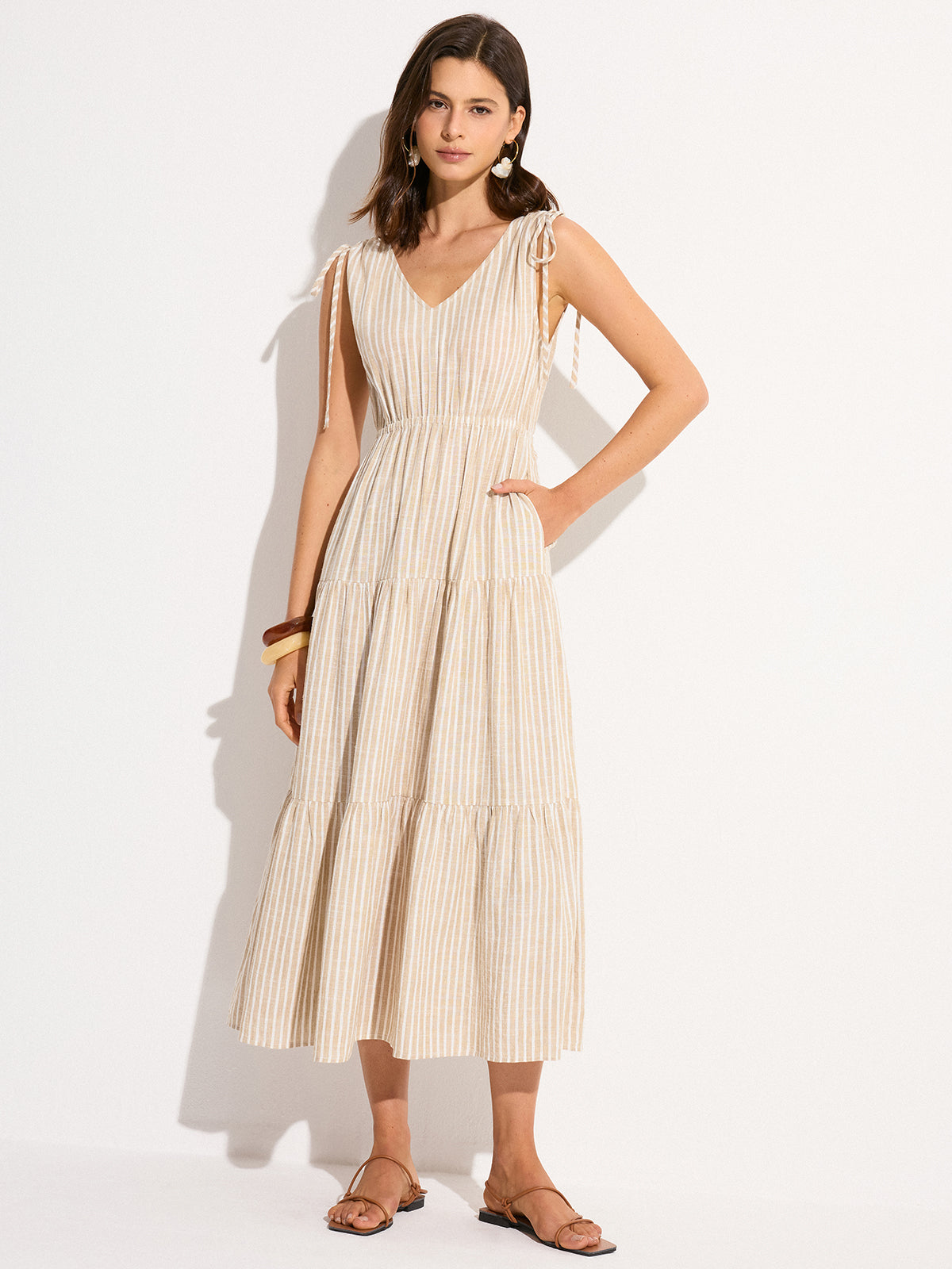 Pocketed Striped Linen & Cotton Tiered Maxi Dress