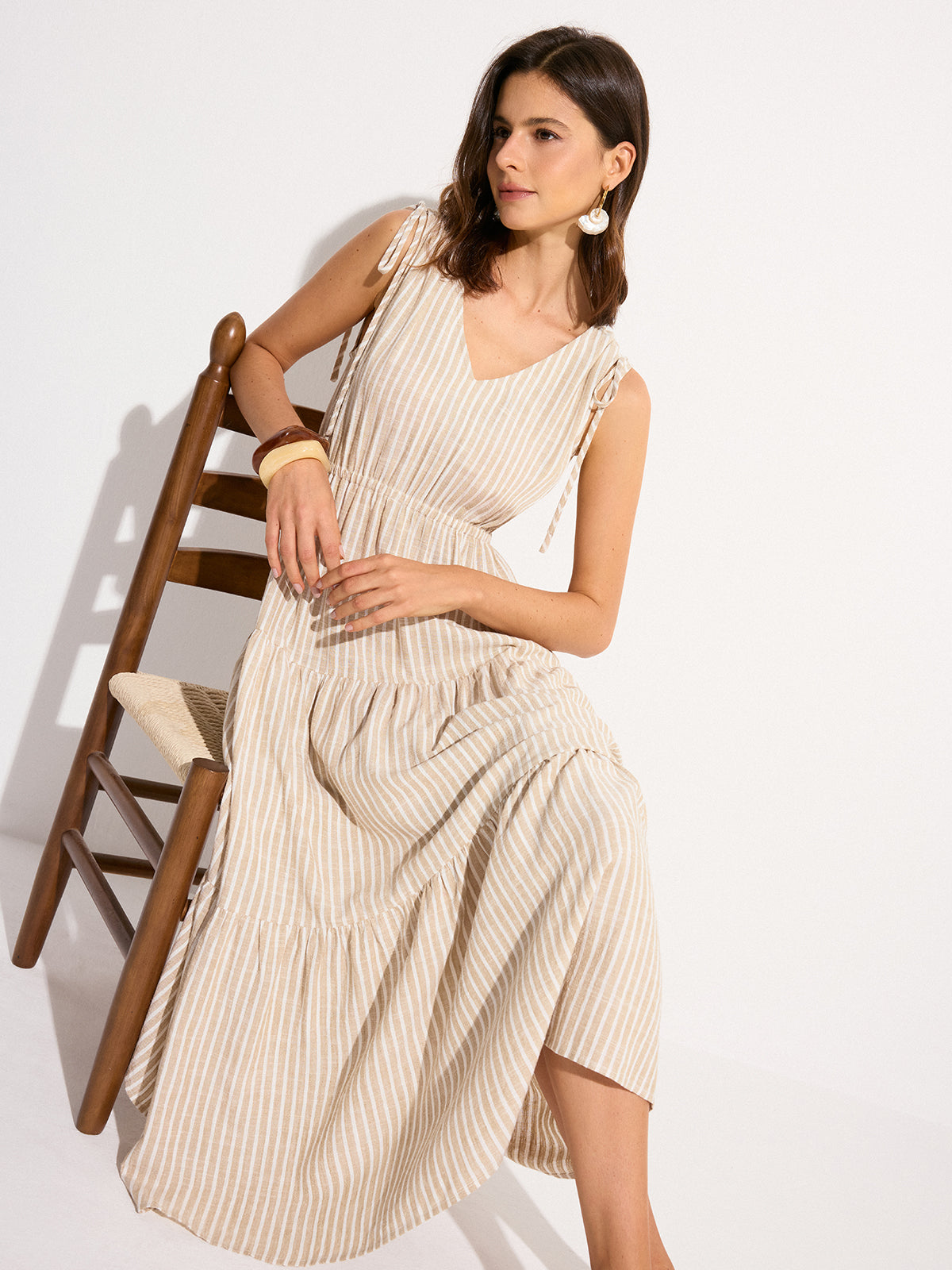 Pocketed Striped Linen & Cotton Tiered Maxi Dress