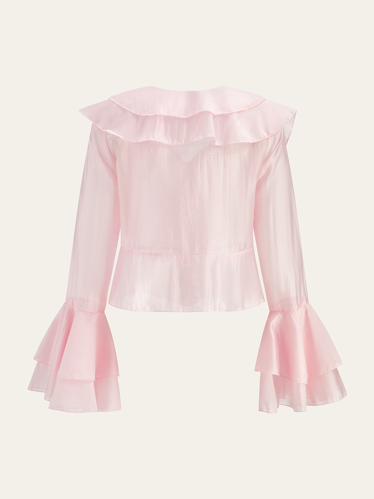 Semi-Sheer Ruffled V-Neck Bell-Sleeve Top
