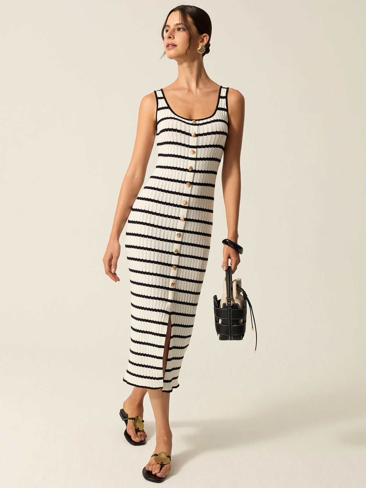 Striped Knit Midi Dress with Front Buttons and Slit Detail