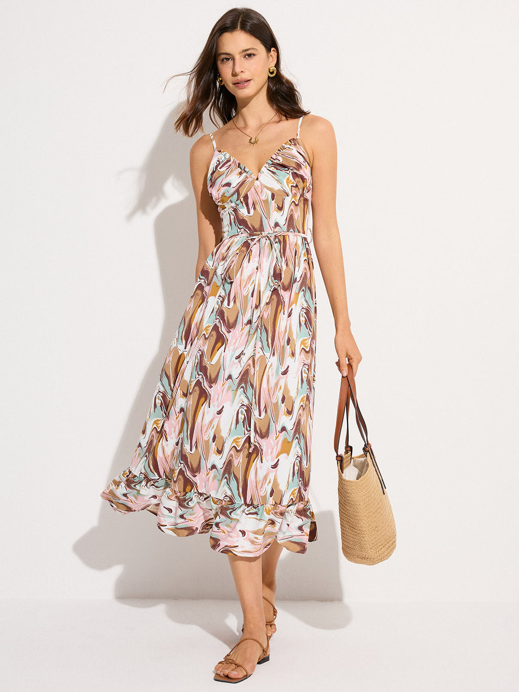 Robe midi sans manches à nouer à la taille et imprimée